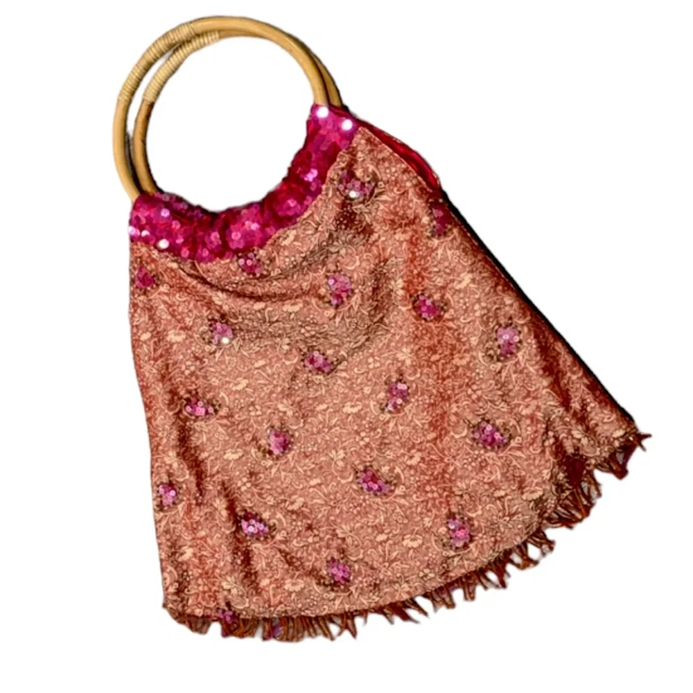 Embroidered & Beaded Fringe Evening Bag With Bamboo Handle